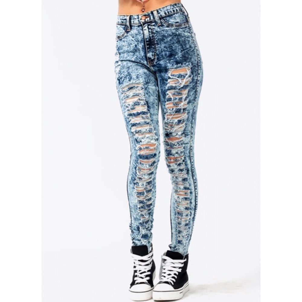 High waisted acid wash distressed jeans