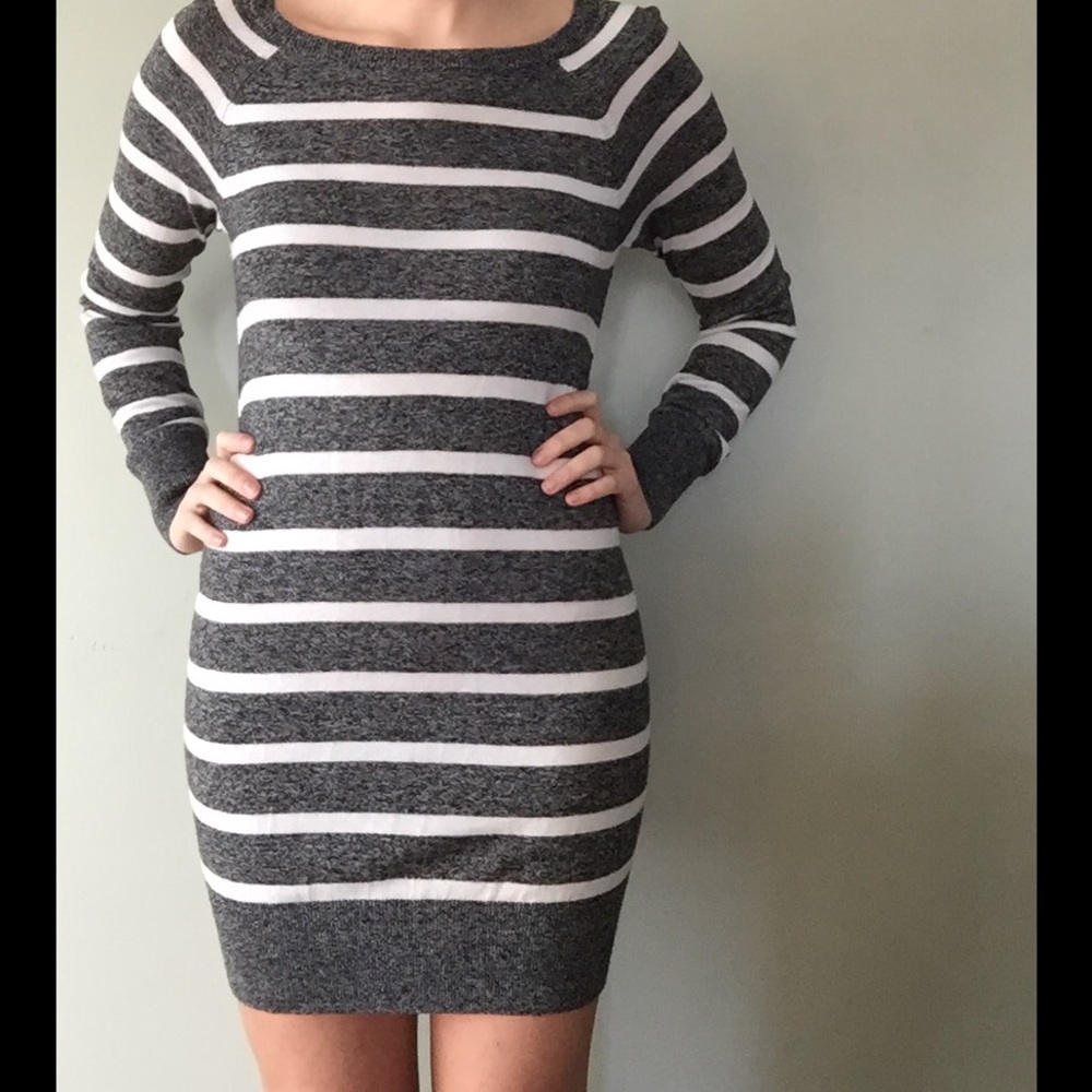 Grey & White Striped Sweater Dress