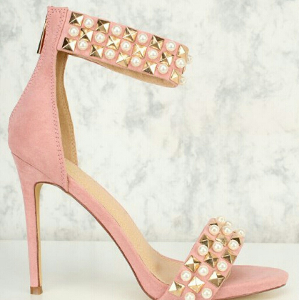 Studded Faux Pearl Open Toe High Heels Faux Suede