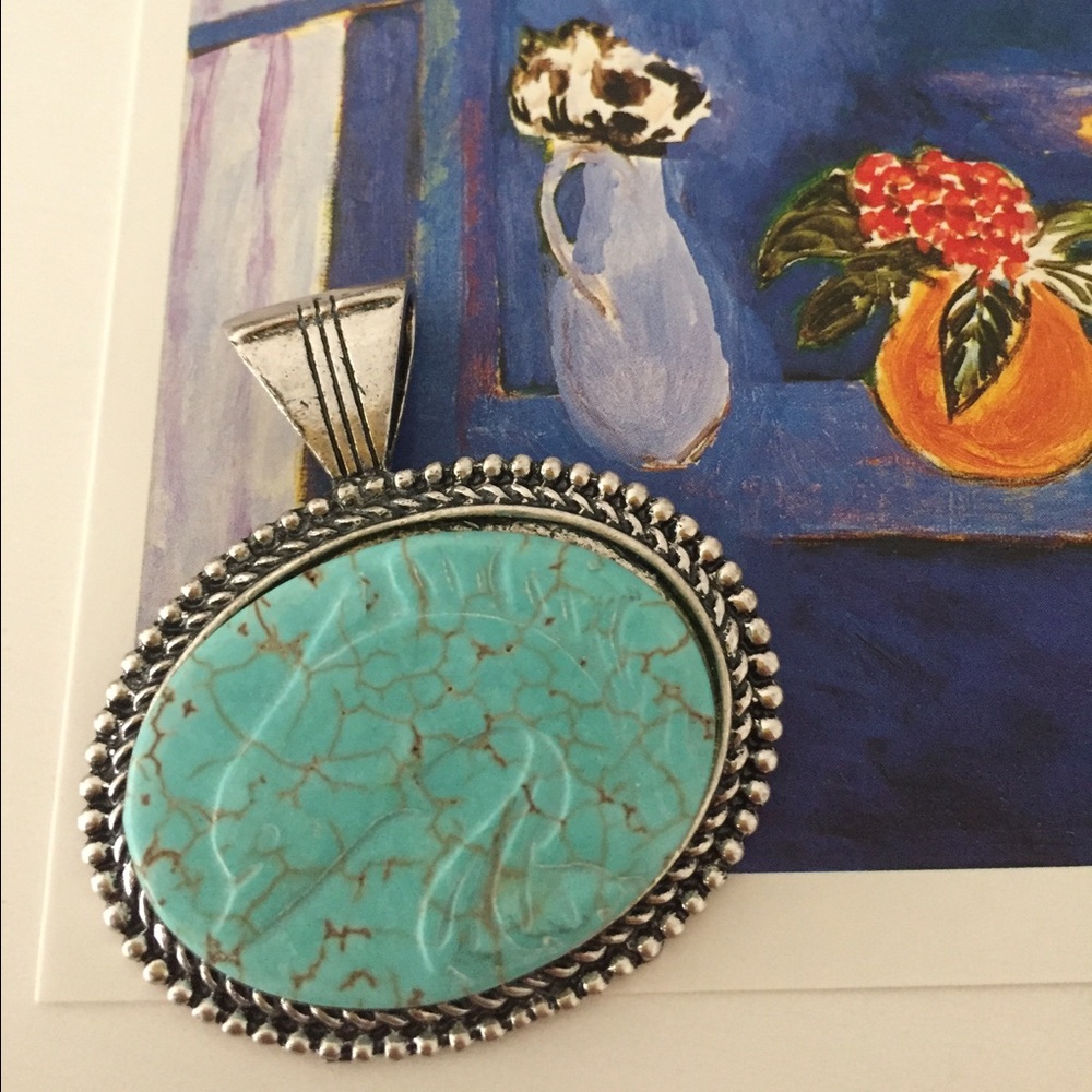 Natural Turquoise Stone with Carved Dolphin + Silver Cable Pendant
