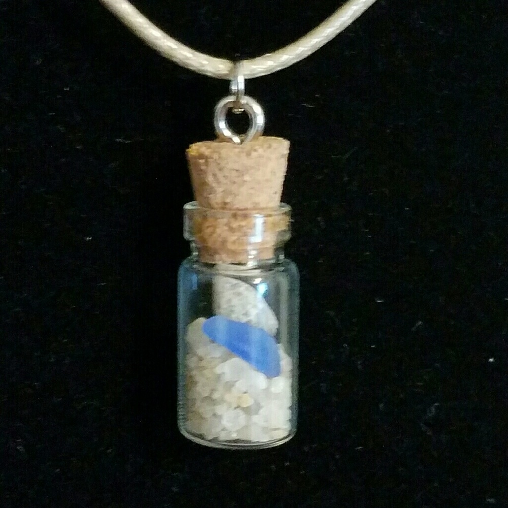 Beach in a bottle neckace. Shell and blue seaglass