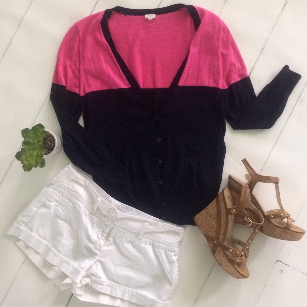 J. Crew pink and navy button down cardigan