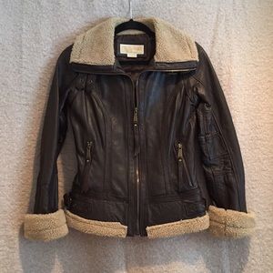 Michael Kors Brown Leather Bomber Jacket