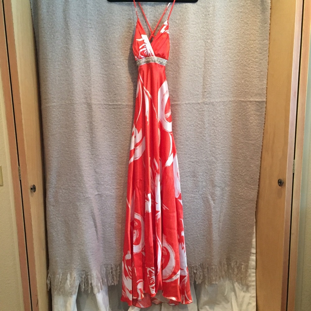 Red Orange and White Elegant Long Prom Dress