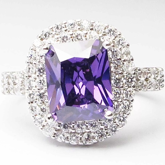 Jewelry - Purple Emerald Halo Silver Engagement Ring