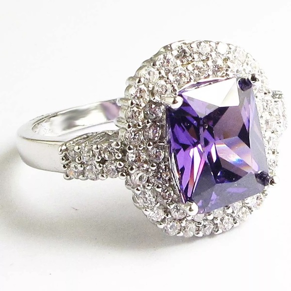 Purple Emerald Halo Silver Engagement Ring - Picture 2 of 5