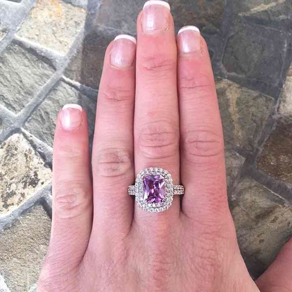 Purple Emerald Halo Silver Engagement Ring - Picture 3 of 5