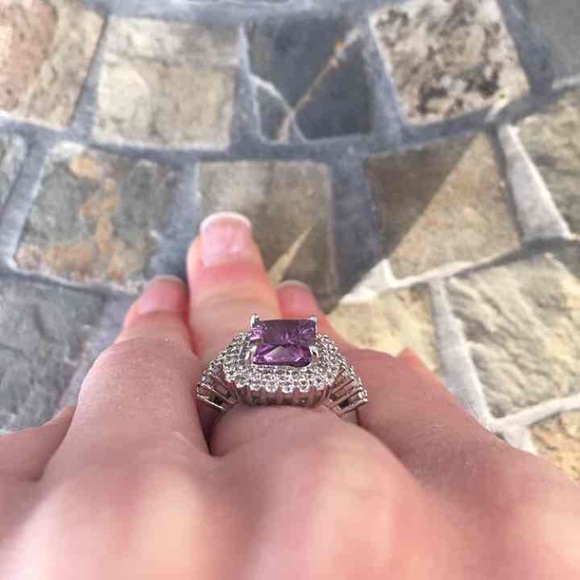 Purple Emerald Halo Silver Engagement Ring - Picture 4 of 5