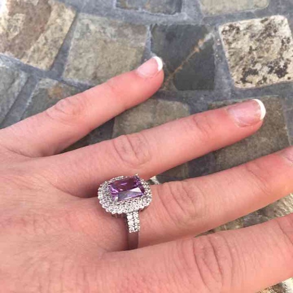 Purple Emerald Halo Silver Engagement Ring - Picture 5 of 5
