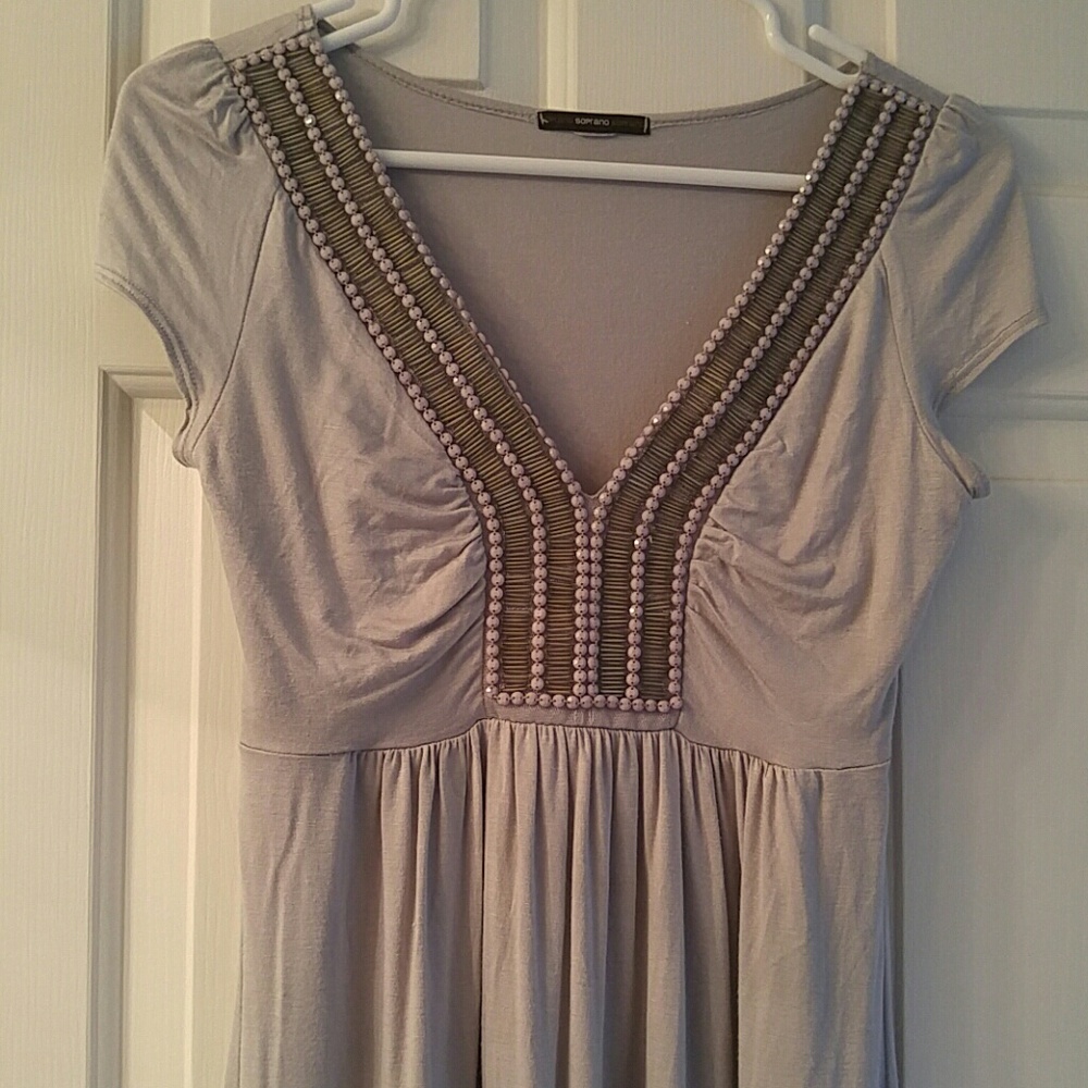 Gray knit dress with beaded accent meckline