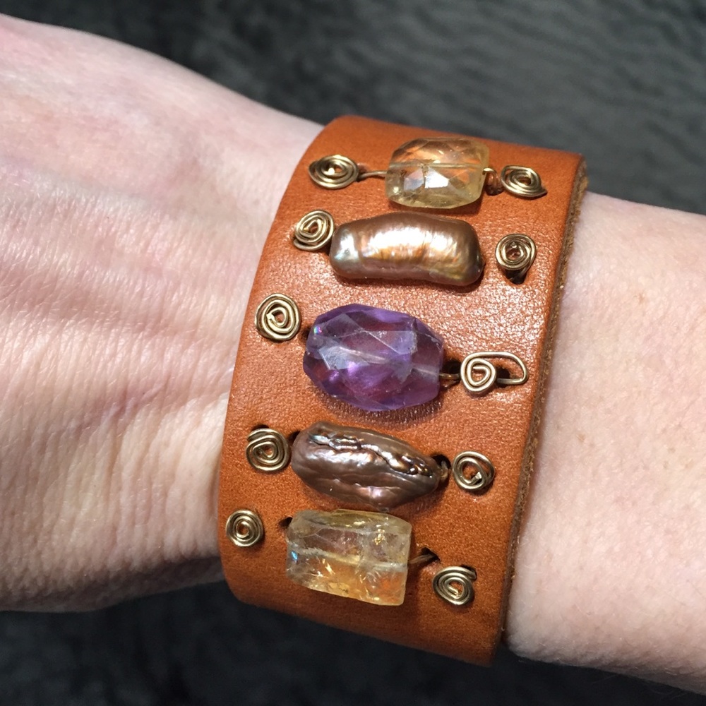 Rachel Abroms Brown Leather Stones Bracelet