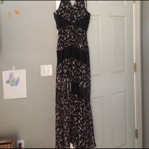 Black lace and floral print halter neck maxi dress