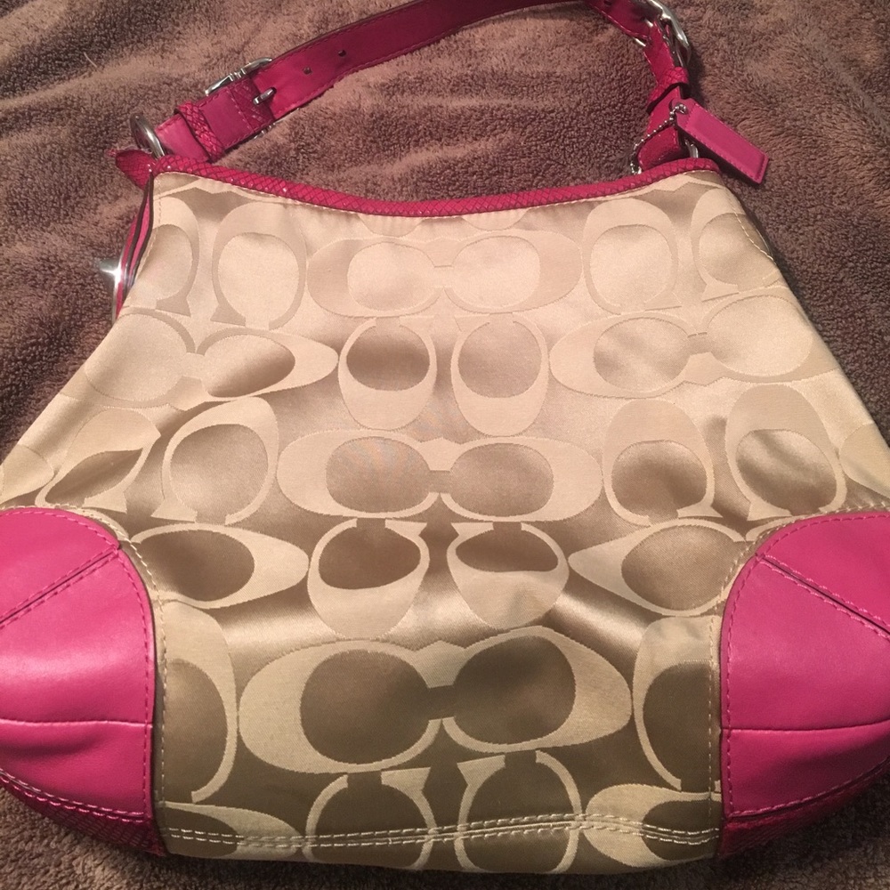 Coach purse khaki with pink trim