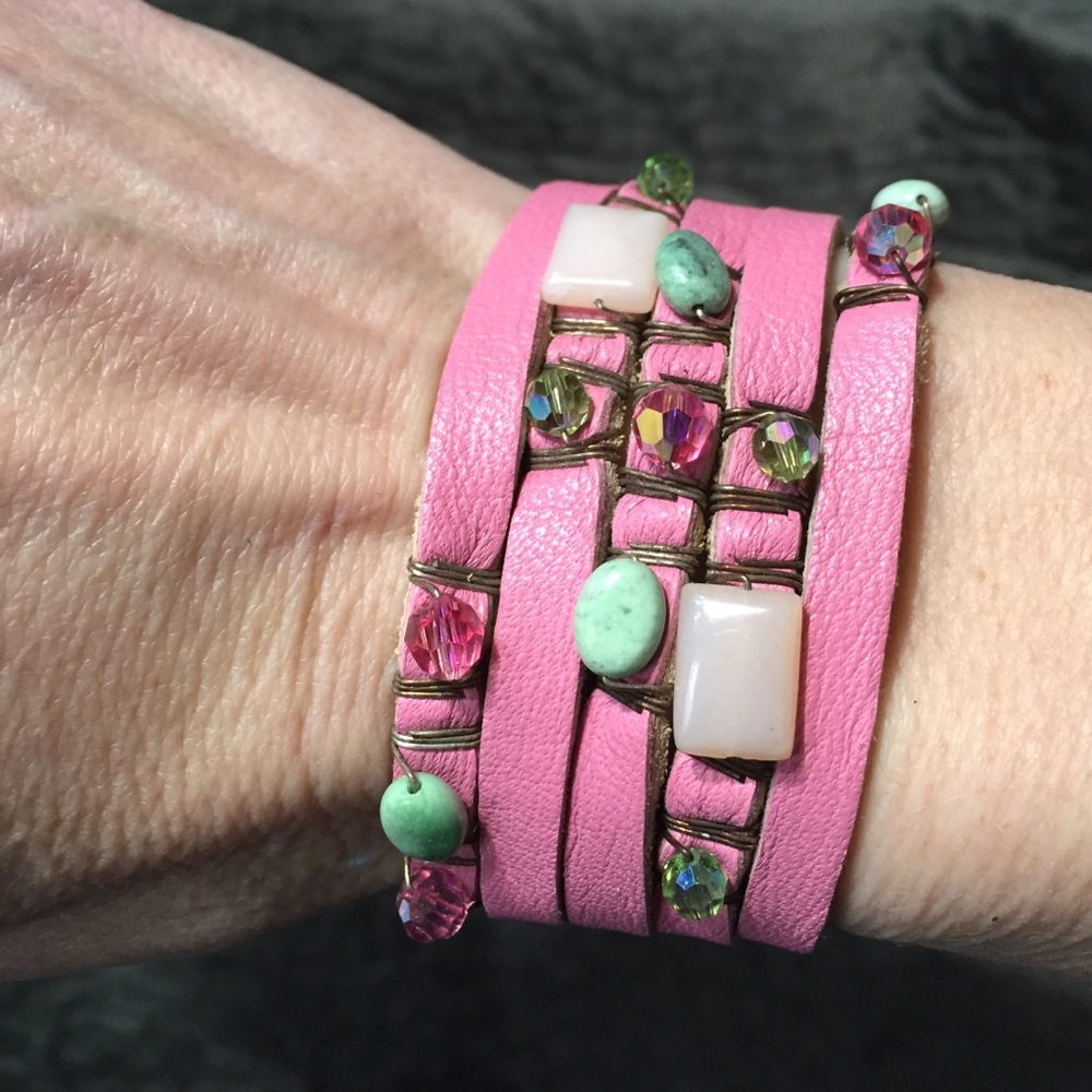 Rachel Abroms Pink Stone Leather Bracelet