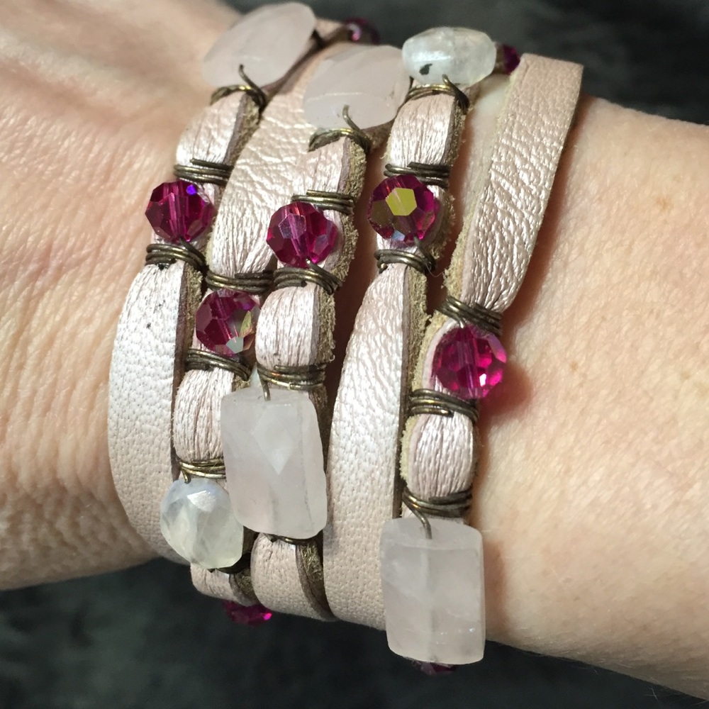 Rachel Abroms Pink Leather Bracelet with Stones