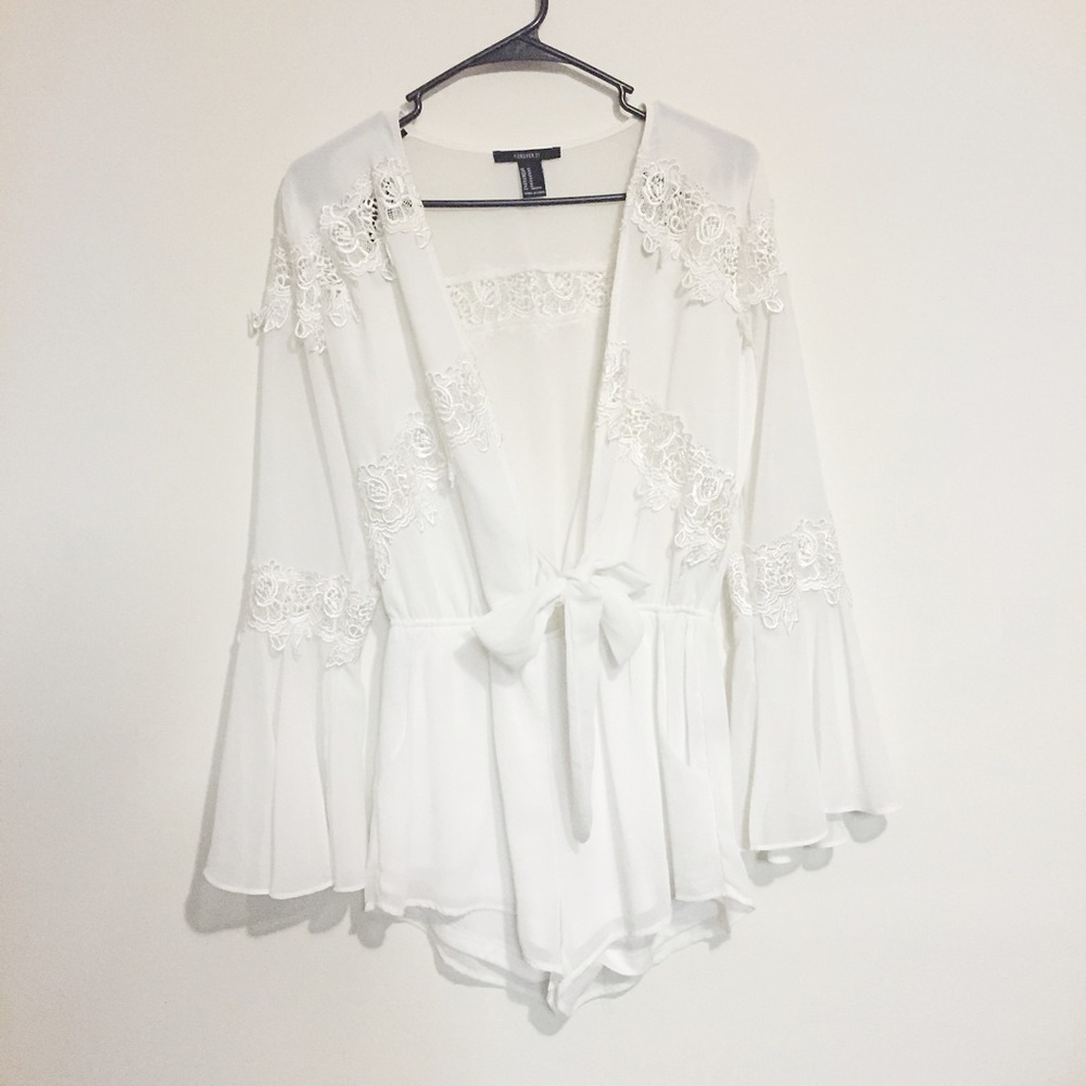 White Plunge Neck Lacy Romper