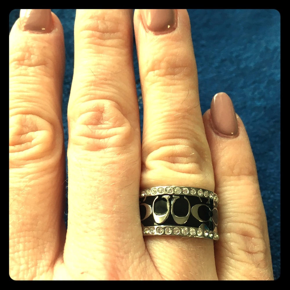 Coach black silver and rhinestone ring