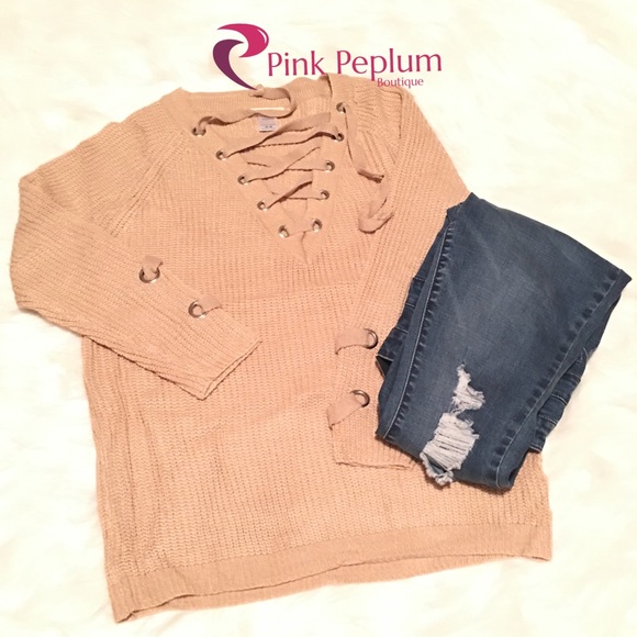 Boho cozy lace up sweater with cuff detail - Picture 2 of 4