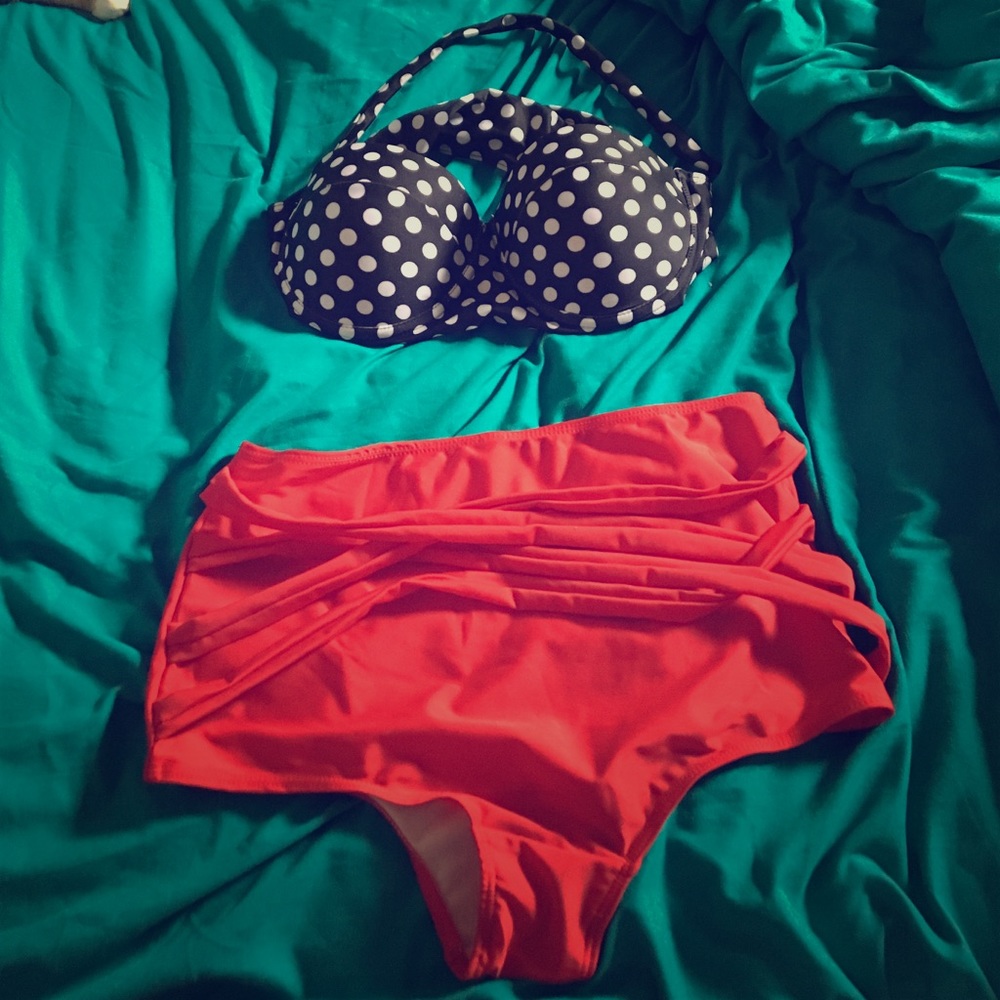 Retro red, white, and black high waisted bikini
