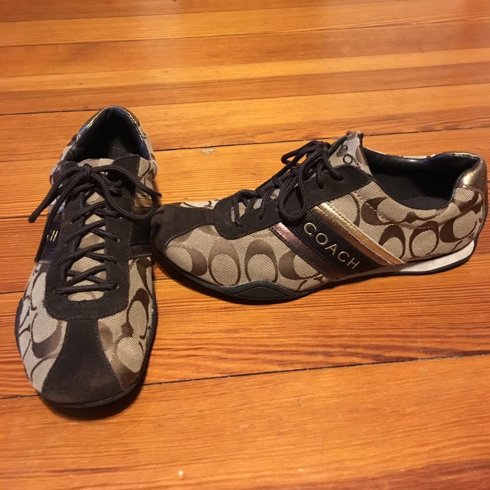 Brown and gold Coach sneakers