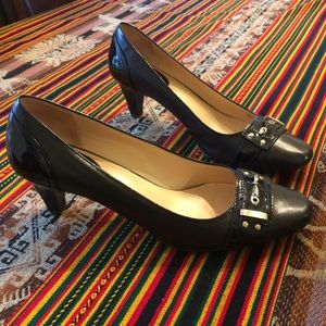 Cole Haan Black Leather Heels with Gold Buckles