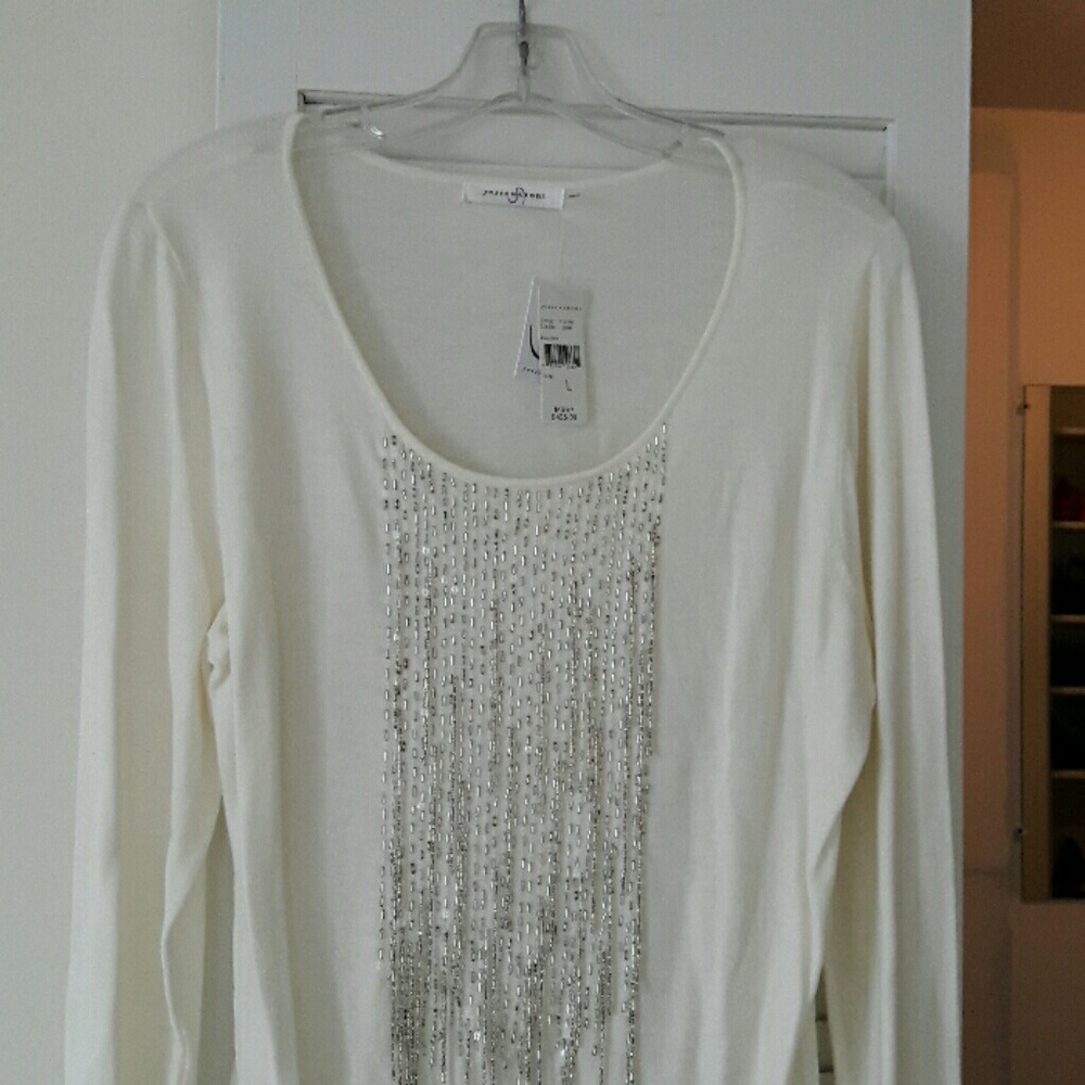 Josie Natori White Beaded Sweater