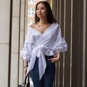 Ruched Sleeve Wrap Blouse
