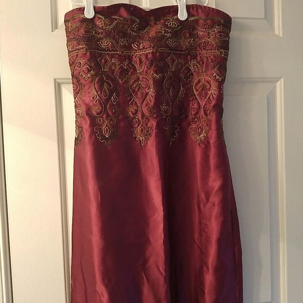 Strapless burgundy embroidered gown