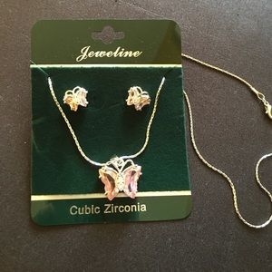 Pink butterfly cubic zirconia jewelry set