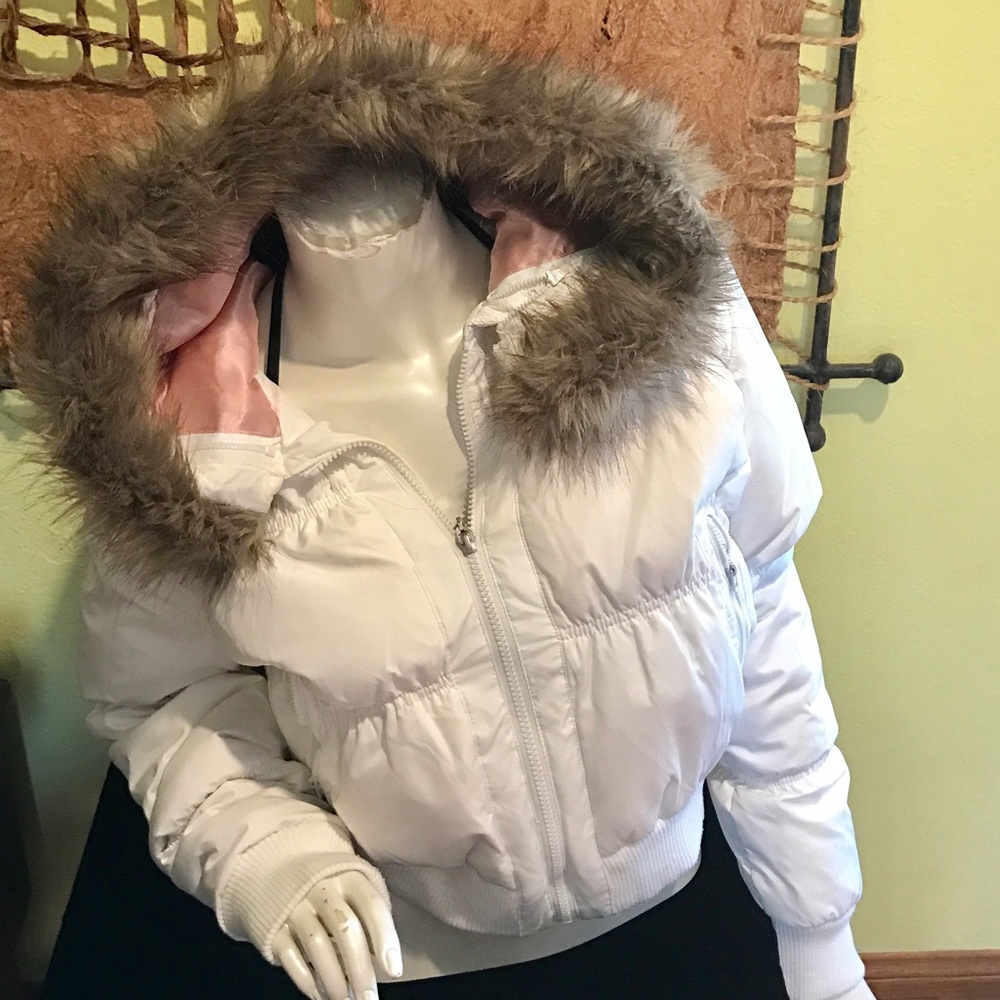 JLO Brand down jacket, white (poss. faux fur).