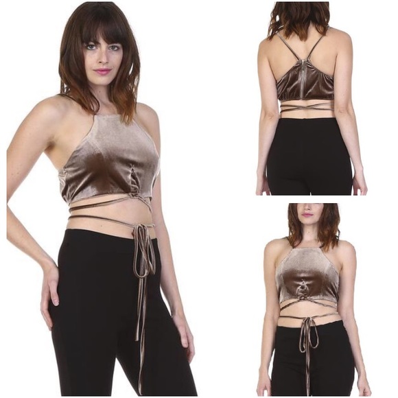 Criss Cross Velveteen Top in Taupe - Picture 1 of 1