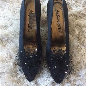 YSL Vintage Black Heels Leather Satin Pumps Sz 7.5