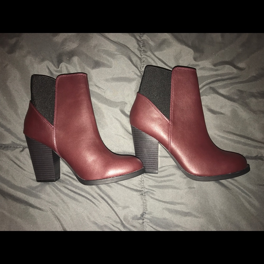 Burgundy and black ankle booties