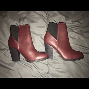 Burgundy and black ankle booties