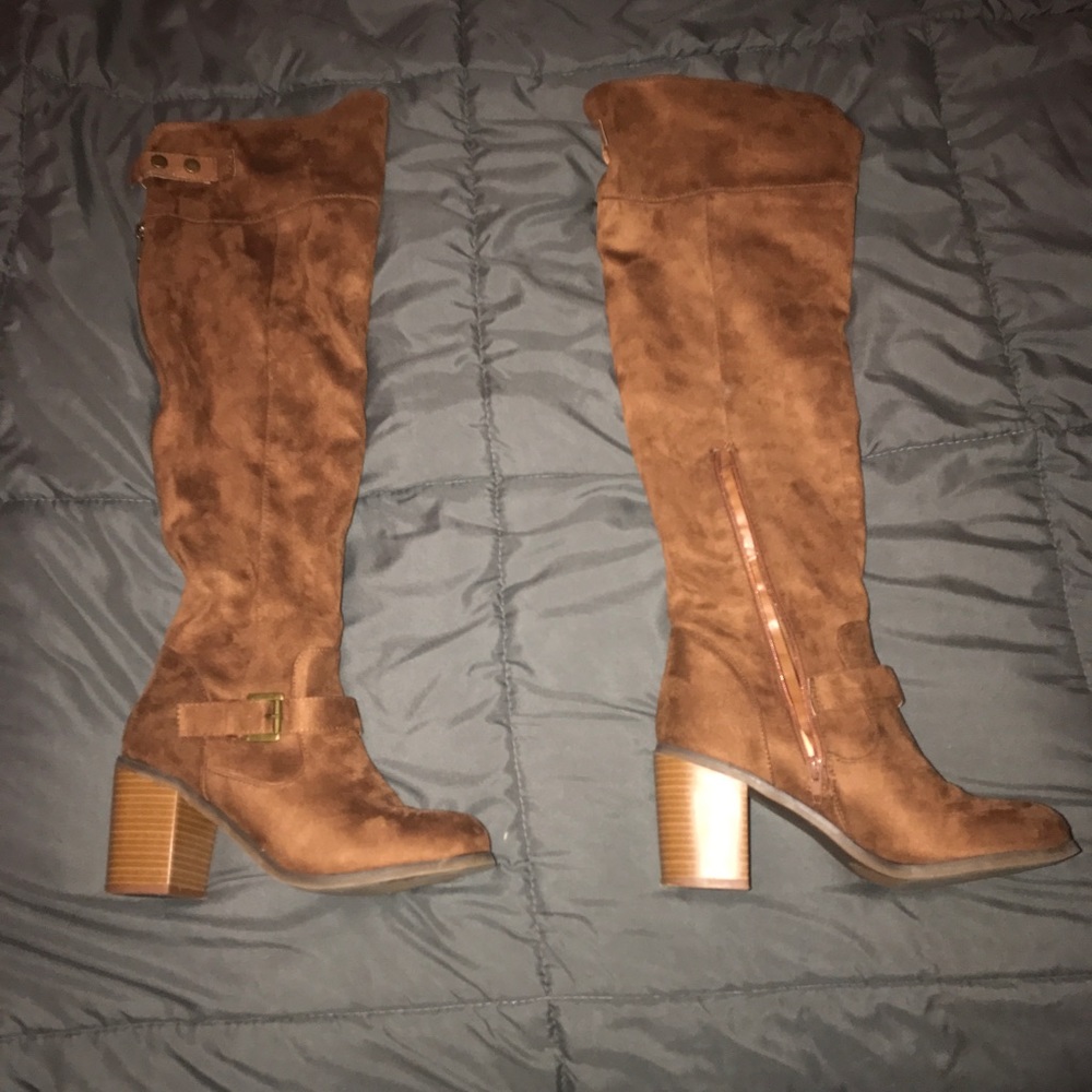 Thigh high suede booties