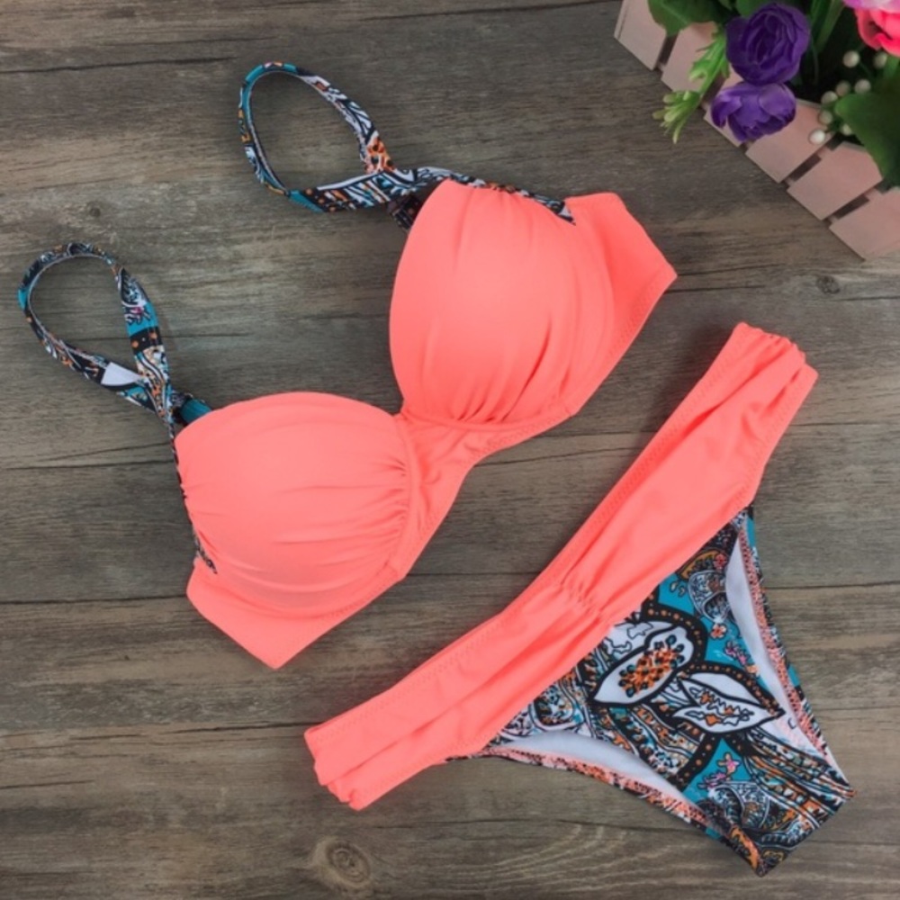 push up padded peach bikini two piece