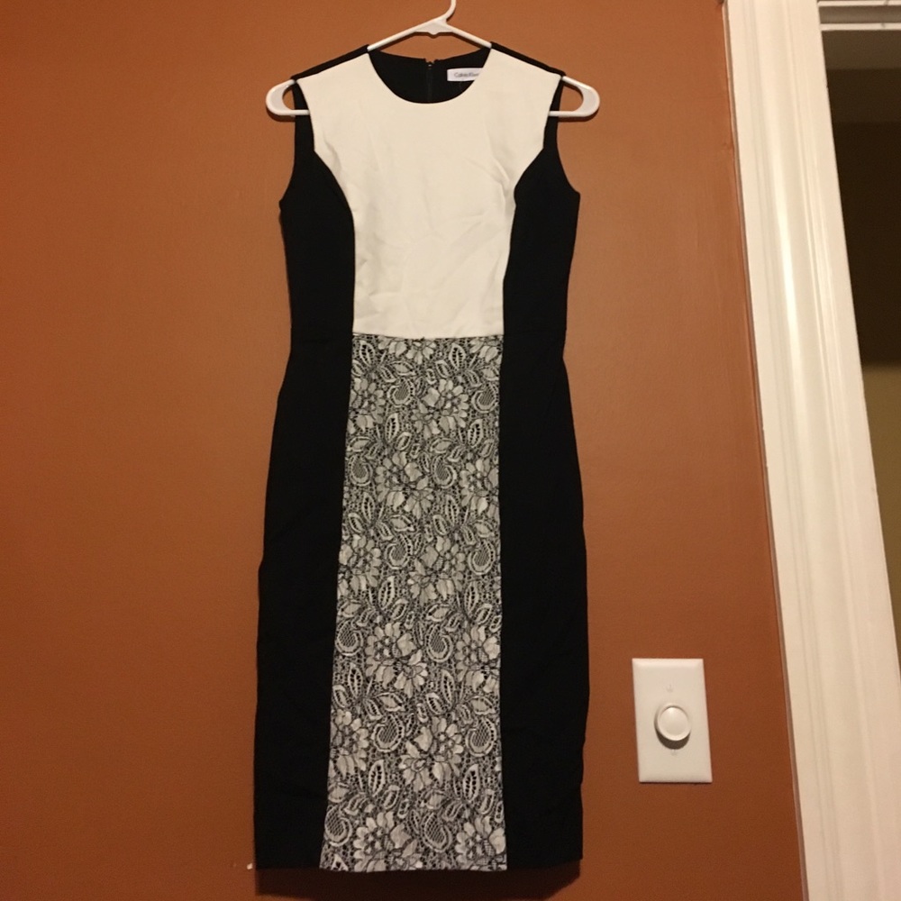Calvin Klein black and white lace colorblock dress