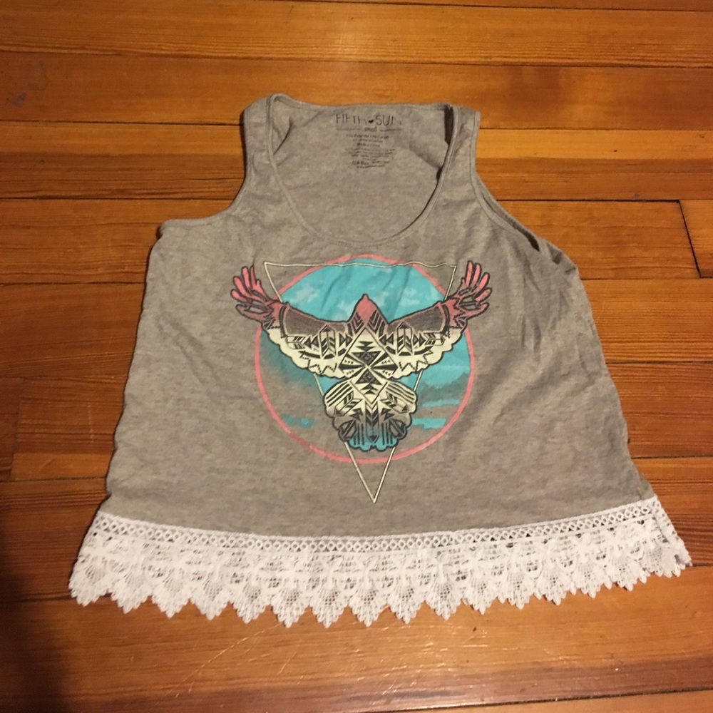 Gray lace trim graphic tank