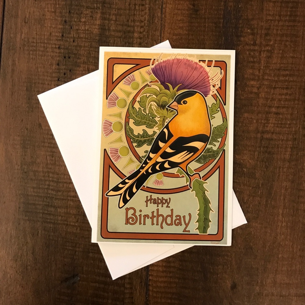 Art Nouveau Finch Birthday Paper Greeting Card