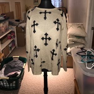 Tan and Black Ripped Cross Sweater