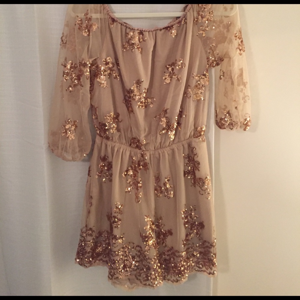 Off shoulder rose gold sequin romper