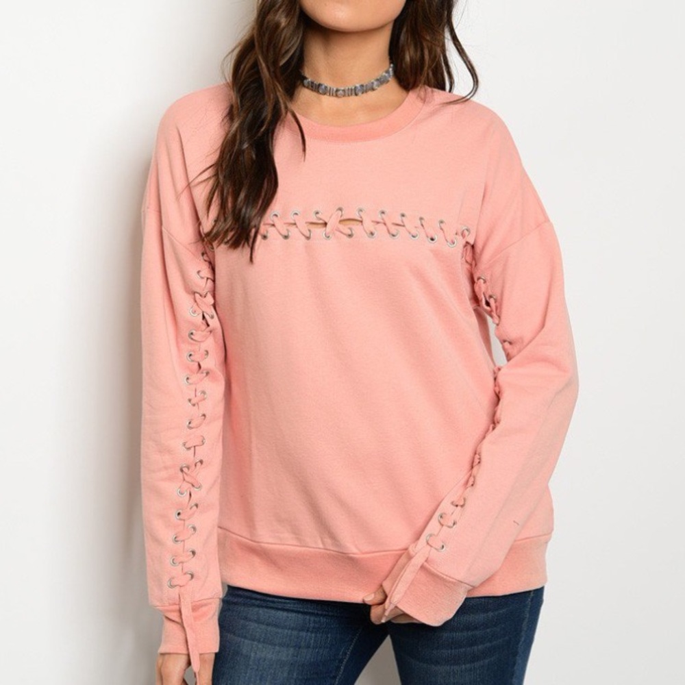 Blush Pink Lace Up Sweater w/ Pockets