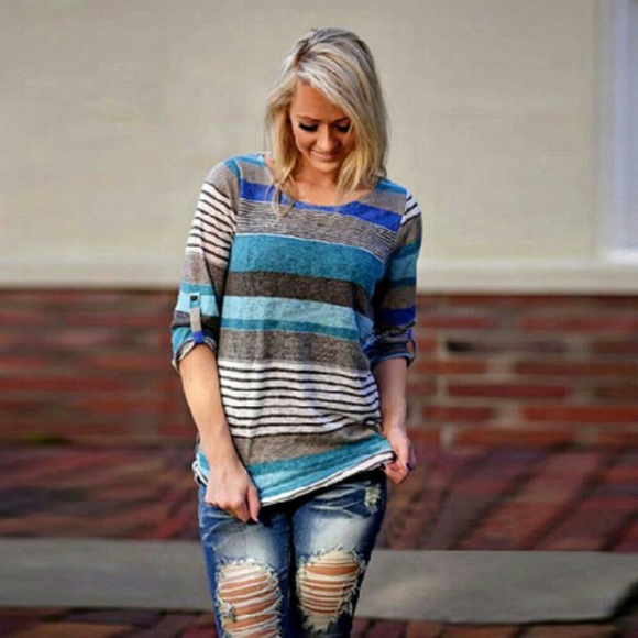 Blue stripe shirttail hem long sl top - Picture 1 of 1