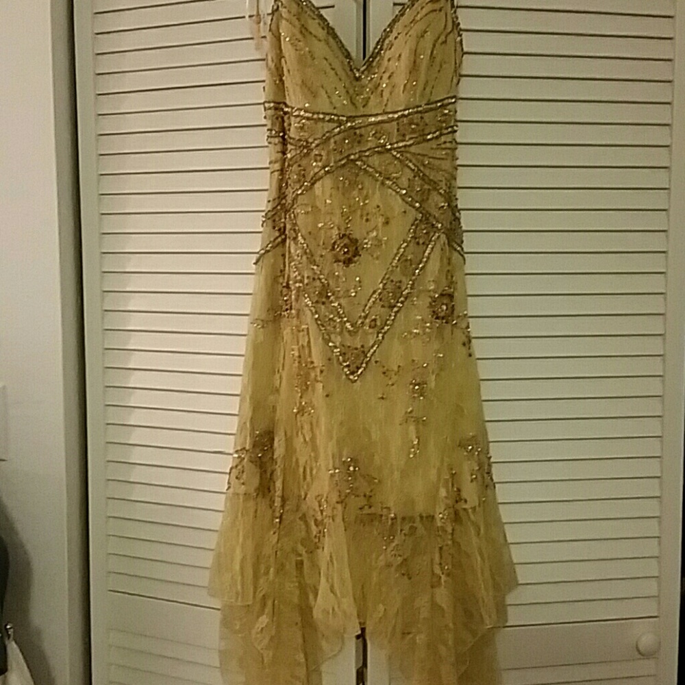 Gold sequins dress with scarf in lace