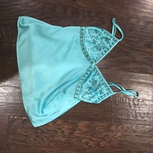 Cute and short teal strappy tank. Satin. Medium.