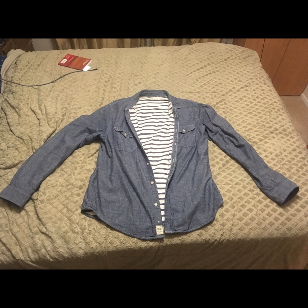 Fleece lined chambray denim button down shirt