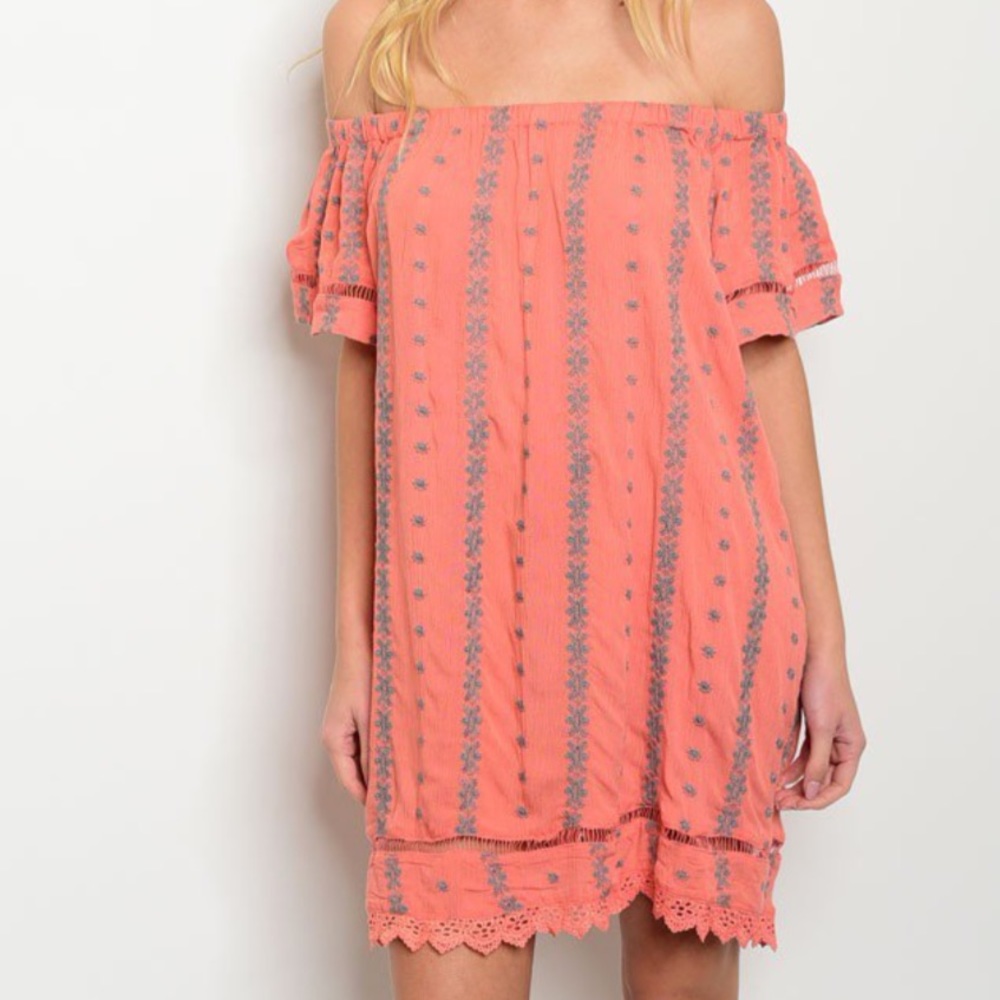 Coral/Grey Off the Shoulder Dress - Picture 2 of 2