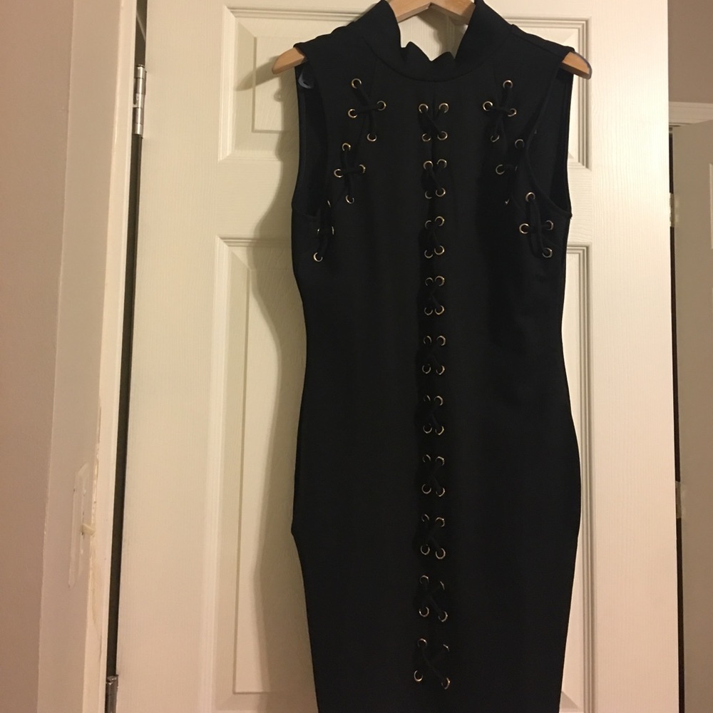 Black Gold Criss Cross Mock Neck  Dress