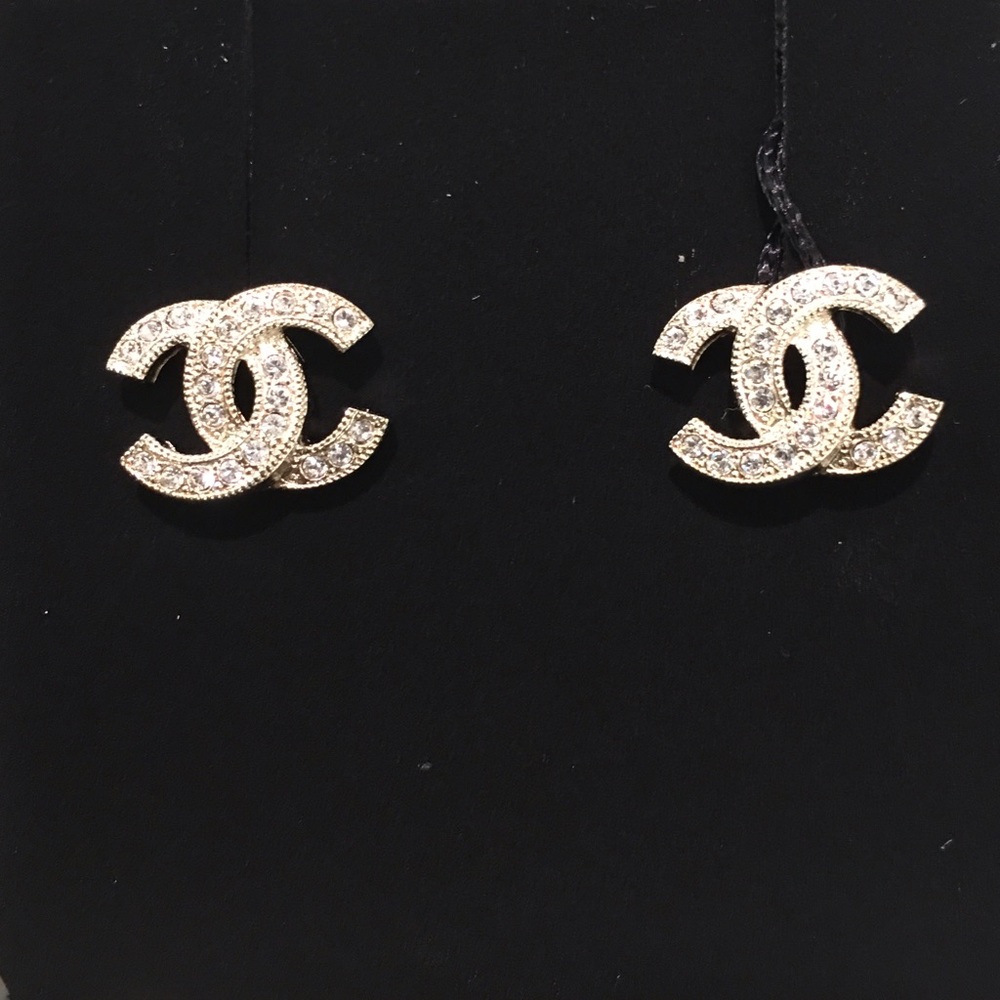 Chanel Classic Stud Crystal Earrings in Light Gold