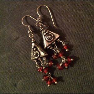 Dangling drop earrings with red bead fringe bottom